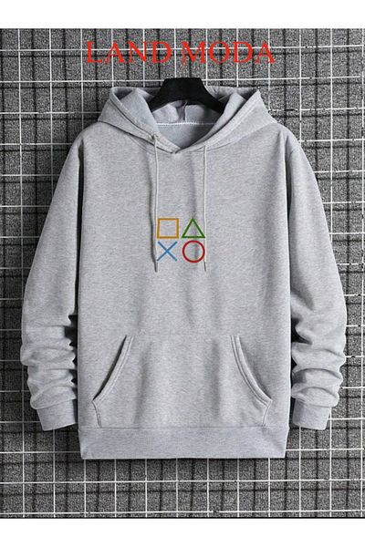 LAND MODA Γκρι Φούτερ με κουκούλα - μπροστινό εμπριμέ Hoodie