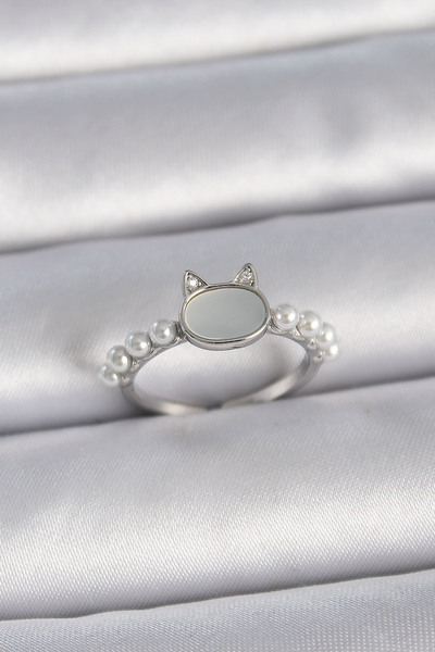 Acousticworld Brass Silver Color Adjustable White Enamel Cat Model Pearl Deta...