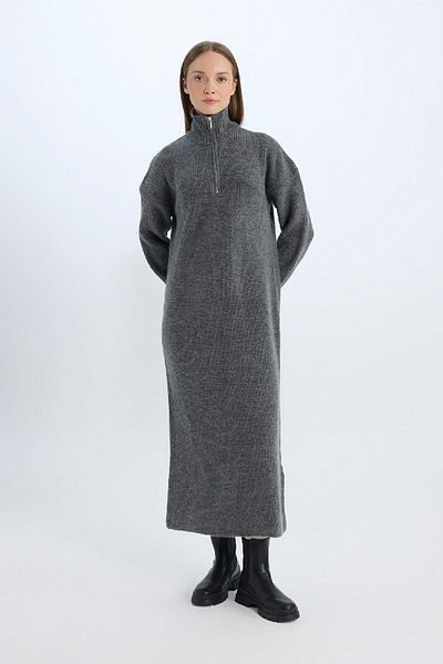 DeFacto Stand Collar Zip Long Sleeve Knitwear Maxi Dress - Regular Fit B0195Ax24Wn