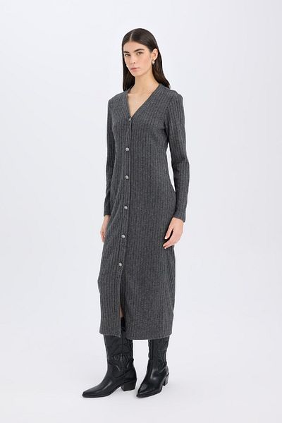 DeFacto Geripptes Camisole-Midikleid mit V-Ausschnitt – lange Ärmel, Knopfleiste, figurbetont B3261AX24WN