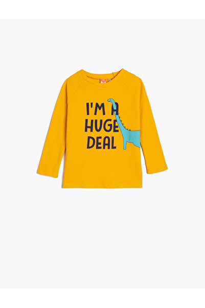 Koton Dinosaurier-T-Shirt mit langen Ärmeln und Rundhalsausschnitt aus strukturierter Baumwolle