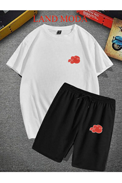 LAND MODA Set tricou alb imprimat și pantaloni scurți negri
