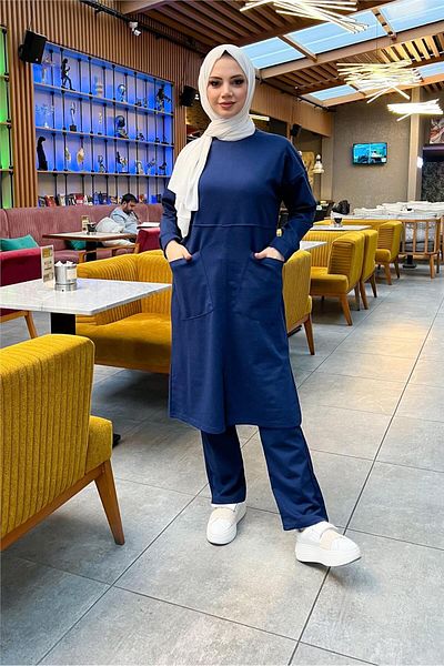 Bwest Front Two Pockets Simple Basic Long Tunic Trousers Double Sports Set - 03067.202 - Light Navy Blue