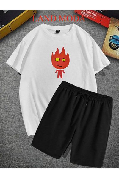 LAND MODA Printed White T-Shirt & Black Shorts Set