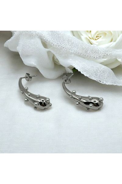 Swan Jewelry Steel Thin Drop Pearl Detailed Silver Color Earrings