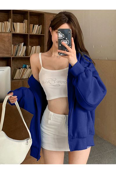 modaberry Cardigan gros Recreational - Cardigan oversize de iarnă cu imprimeu albastru sax cu glugă și buzunare cu fermoar