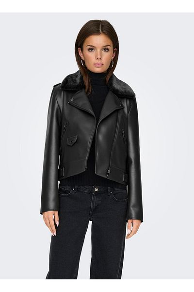 ONLY Black Women's Coat Onlvilhelma Faux Leather Biker Otw
