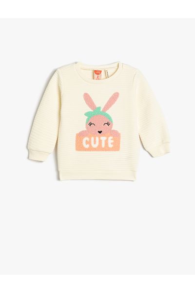 Koton Sweatshirt Soft Textured Plush Applique Detailed Crew Neck Cotton