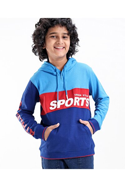 Pine kids سويت شيرت بغطاء رأس وأكمام طويلة من القطن بنسبة 100% مع رباط وجيب ع...