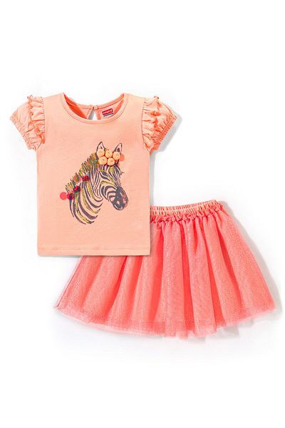Babyhug 100% Cotton Half Sleeves Top & Skirt with Frill Detailing Zebra Print - Peach & Orange