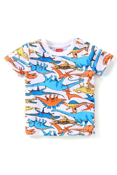Babyhug Single Jersey Knit Half Sleeves T-Shirt & Denim Shorts Set Dino Print - White & Blue