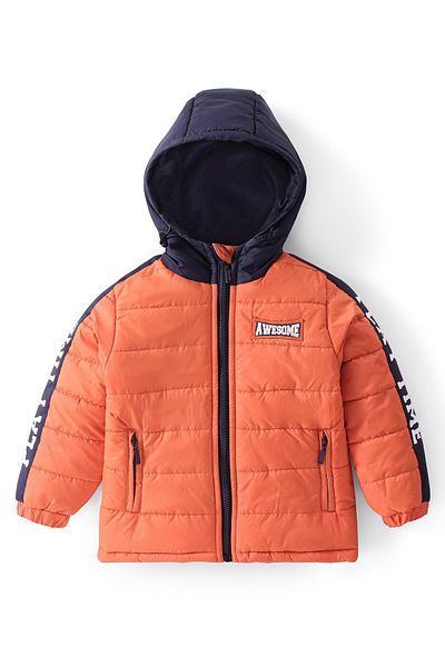 Babyhug Full Sleeves Padded & Hooded Jacket With Text Embroidery- Orange