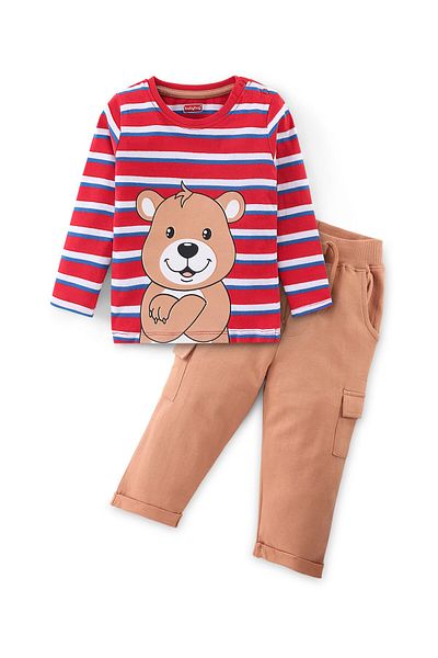 Babyhug 100% Cotton Knit to Knit Full Sleeves Stripes  T-Shirt and  Trouser-Maroon & Brown
