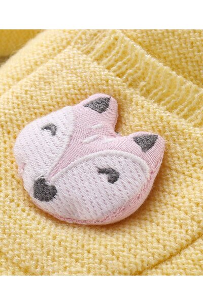 Babyhug Knitted Full Sleeves Hooded Front Open Sweater with Fox Applique - Yellow