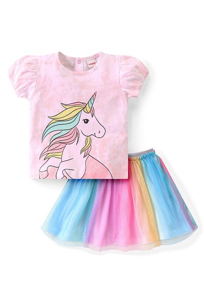 Babyhug Single Jersey Knit Half Sleeves Top & Skirt Set with Unicorn Print - Multicolor