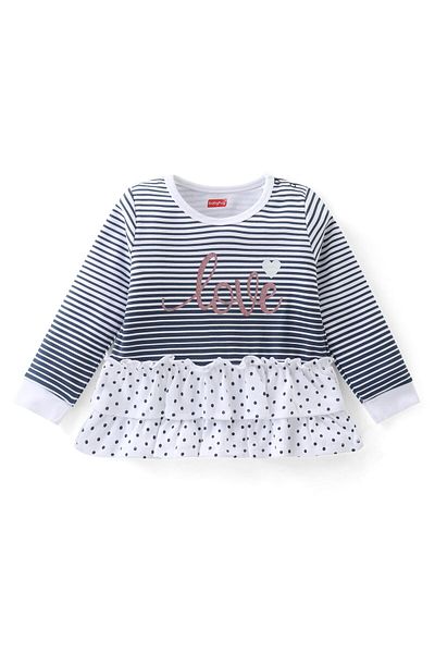 Babyhug - Striped Top  Jegging Pants Set With Text Print - Grey & Navy Blue