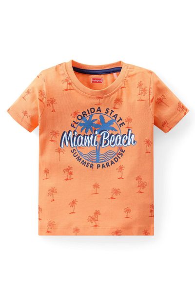 Babyhug Single Jersey Knit Half Sleeves T-Shirt & Shorts Set with Beach Theme Print - Orange & Blue