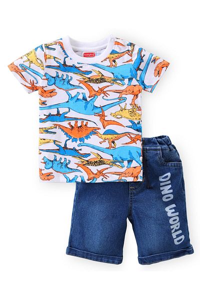 Babyhug Single Jersey Knit Half Sleeves T-Shirt & Denim Shorts Set Dino Print - White & Blue
