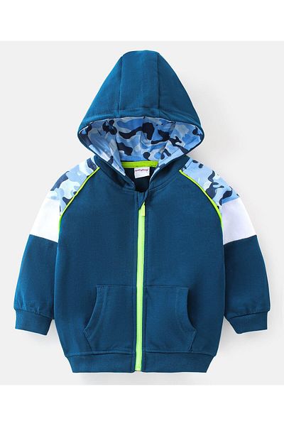 Babyhug Cotton Knit Raglan Sleeves Hoodie & Lounge Pants Set With Camouflage Detail - Blue