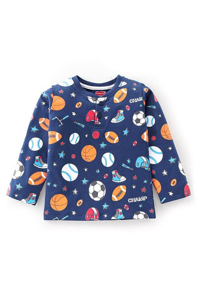 Babyhug Babyhug 100% Cotton Ball Graphic Knit Full Sleeves T-Shirt - Navy Blue