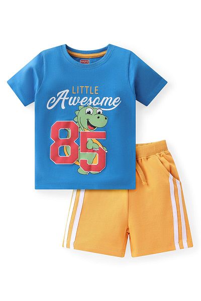 Babyhug Single Jersey Knit Half Sleeves T-Shirt & Shorts Set with Dino & Text Print - Blue & Orange