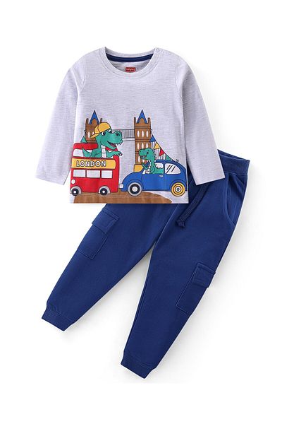 Babyhug Single Jersey Knit Full Sleeves T-Shirt & Lounge Pants Set With Dino Print - White & Navy