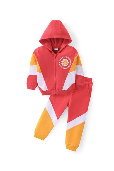 Babyhug 100%Cotton Knit Full Sleeves Hoodie & Lounge Pants/Co-ord Set With Floral Print-Red & Yellow