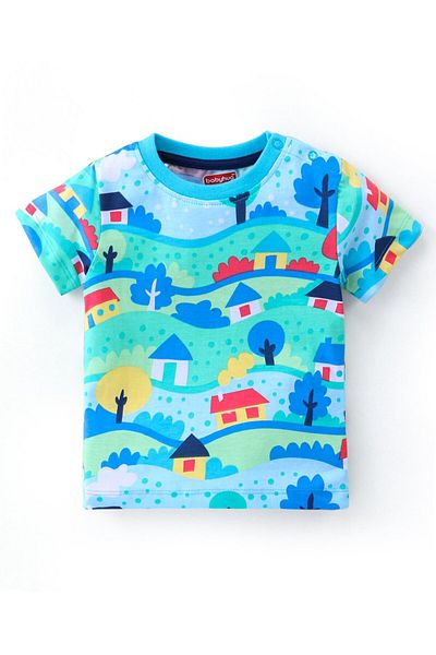 Babyhug Single Jersey Knit Half Sleeves T-Shirt & Shorts Set with Town Print - Blue