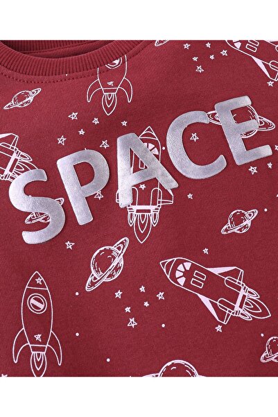 Babyhug Cotton Knit Full Sleeves Sweatshirt Space Foil Print Detailing - Red