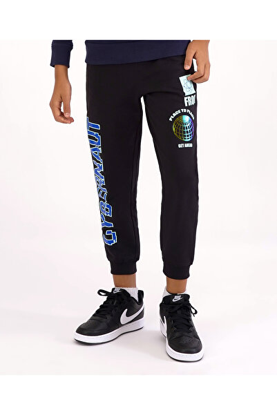 Primo Gino Full Length Cotton Track Pant Placement Print - Black