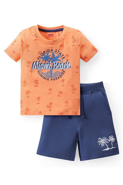 Babyhug Single Jersey Knit Half Sleeves T-Shirt & Shorts Set with Beach Theme Print - Orange & Blue