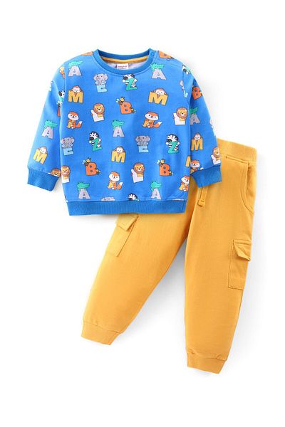 Babyhug Cotton Knit Full Sleeves T-Shirt & Lounge Pants Set Alphabets & Animals Print-Blue & Yellow