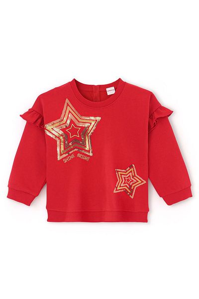 Babyhug Cotton Knit Full Sleeves Sweatshirt with Sequins & Frill Detailing - Red