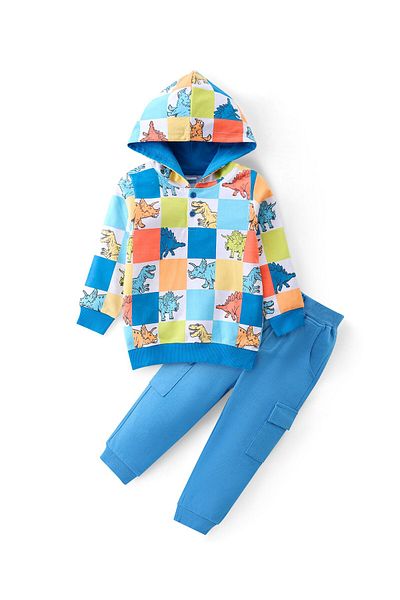Babyhug Cotton Knit Full Sleeves Hooded T-Shirt & Lounge Pants Set With Dino Print - Multicolor