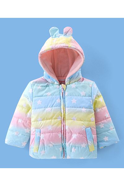 Babyhug Full Sleeves Hooded & Padded Jacket With Ear Applique Stars Print- Pink Yellow & Blue
