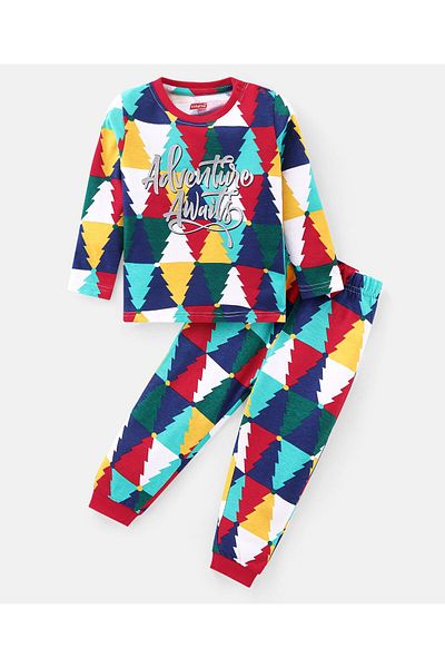 Babyhug - Cotton Knit Long Sleeve Nightgown Set with Pine Trees and Lettering Print - Multicolor