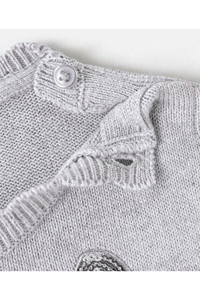 Bonfino Cotton Knit Full Sleeve Drop Shoulder Sweater with Sequined Bow Embroidery - Grey