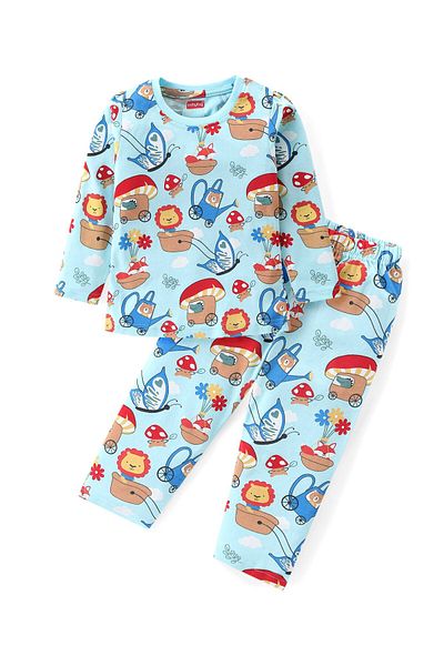 Babyhug طقم نوم بأكمام كاملة من القطن المحبوك مع طبعات الأزهار والحيوانات - أزرق