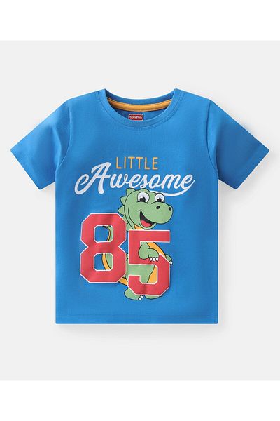 Babyhug Single Jersey Knit Half Sleeves T-Shirt & Shorts Set with Dino & Text Print - Blue & Orange