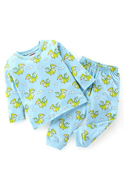 Babyhug Cotton Knit Full Sleeves Dragon Printed Night Suit - Blue
