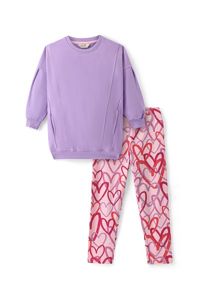 Primo Gino - Girls Cotton Full Sleeves Solid Sweatshirt With Printed Leggings Set - Lavender