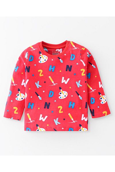 Babyhug - Cotton Knit Full Sleeves Night Suit With Alphabets & Numbers Print - Red