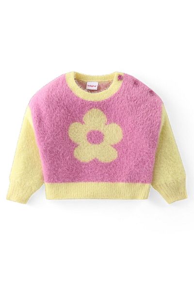 Babyhug Knitted Full Sleeves Winter Wear Co-ord Set With Floral Print - Pink
