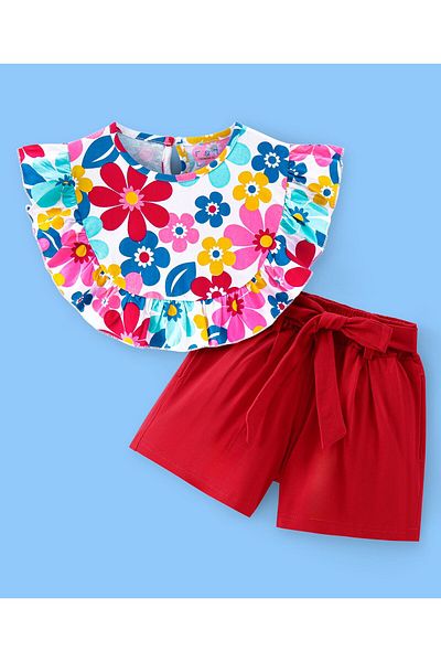 Ollington St. Ollington St. 100% Cotton Knit Frill SleevesTop &  Shorts Set Self Fabric Belt- White & Red
