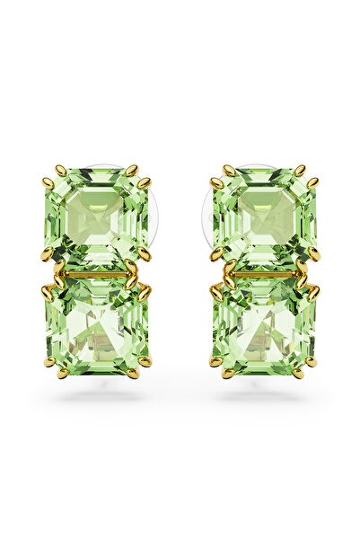 Swarovski Millenia Klipsli Küpeler, Kare kesim, Yeşil, Altın rengi kaplama