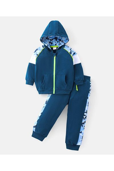 Babyhug Cotton Knit Raglan Sleeves Hoodie & Lounge Pants Set With Camouflage Detail - Blue