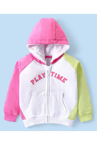 Babyhug Terry Cotton Knit Full Sleeves Text Printed Hooded Top & Jogger Pants Set - Pink & White
