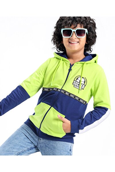 Pine kids Full Sleeves Hooded Biowashed Sweatjacket - Green & Blue