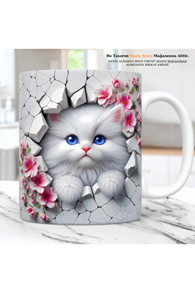 Genel Markalar Beyaz Kedi Baskılı 3D Efekli Hediyelik Kupa Bardak