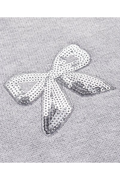 Bonfino Cotton Knit Full Sleeve Drop Shoulder Sweater with Sequined Bow Embroidery - Grey